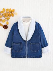Cozy Pixies Young Girls Casual Warm Cute Pocket Lapel Long Sleeves Loose Fit Blue Denim Thermal Lined Teddy Coat ,For Young Girls Fall/Winter Clothes - Medium Wash - View 7