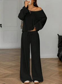 SHEIN EZwear 2 件套女士休闲纯色不对称领长袖上衣和系带长裤套装，秋季 - 黑色 - 查看 5