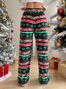 SHEIN Unity 圣诞图案印花法兰绒低腰侧袋直筒阔腿裤，冬季女性休闲度假风