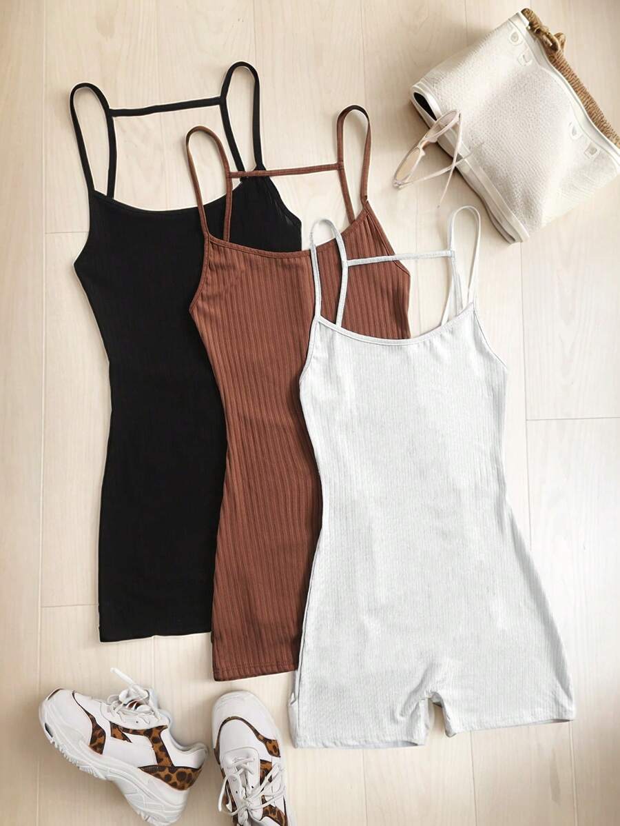 SHEIN EZwear 3pcs Solid Cami Unitard Romper - Multicolor - View 1