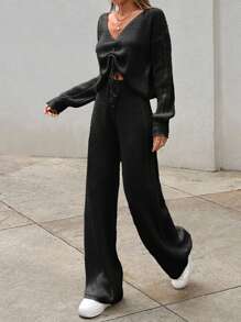 EURMUSE V Neck Sweater Top And Trouser Elegant Simple - Black - View 5