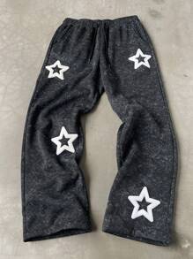 Manfinity Roghcode Manfinity Streetrush Men's Dark Grey Star Embroidery Sweatpants,Loose Straight Baggy Streetwear,Summer Work Casual Drawstring Waist Autumn/Winter - Dark Grey - View 1