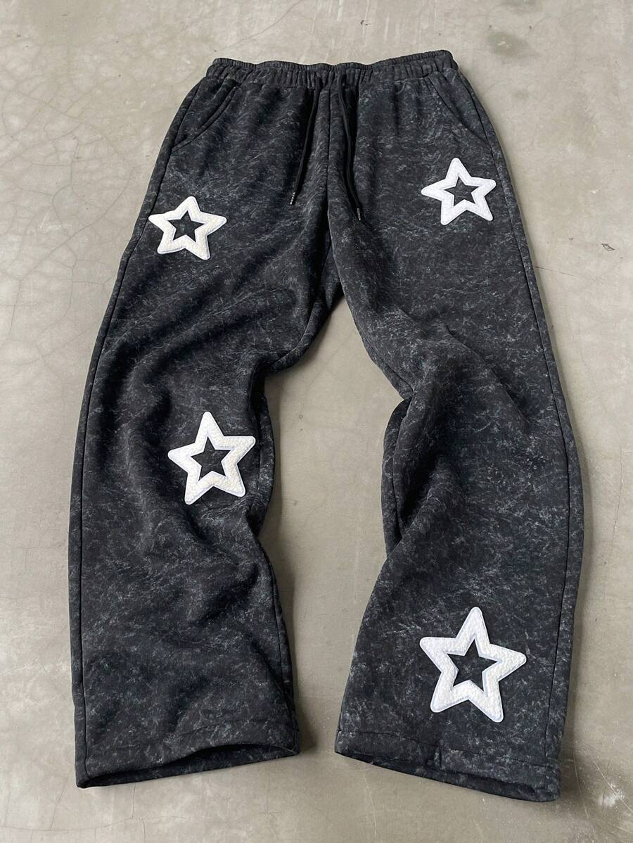 Manfinity Roghcode Manfinity Streetrush Men's Dark Grey Star Embroidery Sweatpants,Loose Straight Baggy Streetwear,Summer Work Casual Drawstring Waist Autumn/Winter - Dark Grey - View 1