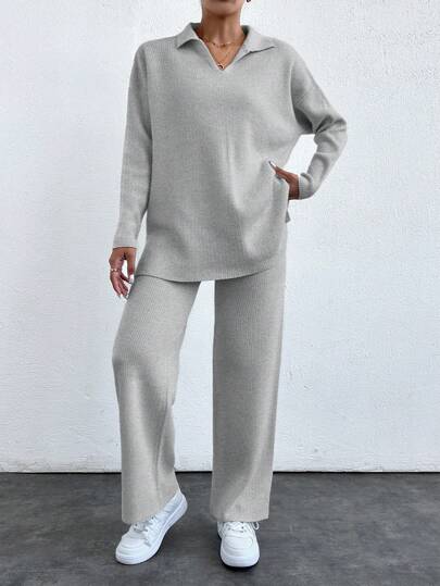 EURMUSE 2pcs/Set Solid Color Turn-Down Collar Sweater And Long Pants Outfit