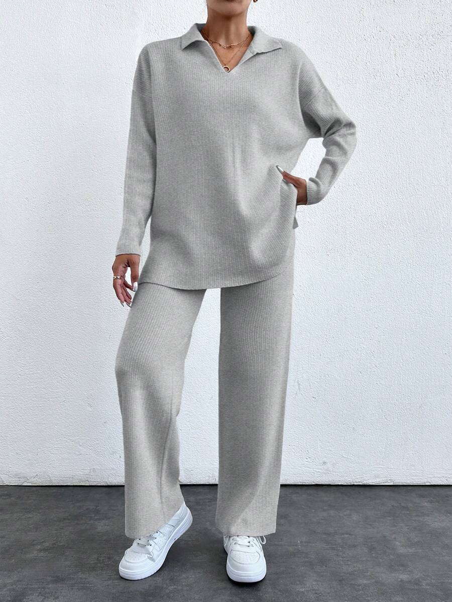 EURMUSE 2pcs/Set Solid Color Turn-Down Collar Sweater And Long Pants Outfit ,Petite Women