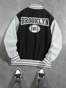 Manfinity EMRG 男士字母条纹长袖宽松休闲棒球夹克，秋季外出朋友长袖拼色夹克，送给朋友、丈夫、男朋友的礼物 - 黑色 - 查看 2