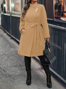 SHEIN Clasi Plus Size Solid Color Front Button Long Sleeve Minimalist Blouse, Casual Daily Wear, For Winter - Khaki - View 3