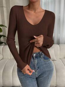 EMERY ROSE Women's Solid Color V-Neck Long Sleeve Minimalist Sweater, Casual Wear Knit Pullover Fall Winter - Coffee Brown - View 3