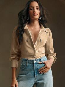 Anewsta Blouse à manches longues élégante et ordinaire pour femme avec rivets, couleur kaki - Kaki - Voir 5