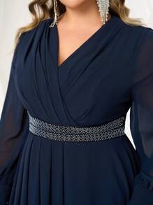 SHEIN Belle Plus Size Women V-Neck Long Sleeve Crystal Embellished Flared Formal Gown With Waist Cinching, Slimming Gown Jacquard Dress Valentine's Day Dress Valentine's Day Dress Black Cocktail Dress Women's Christmas Black Evening Dress Formal Party Dresses Autumn And Winter Black Sexy Mesh Long Sleeve Bridesmaid Dress, Semi Formal Prom Dress, For Birthday, Wedding Guest, Graduation, Homecoming - Navy Blue - View 6