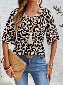 EMERY ROSE 女士豹纹双荷叶边下摆短袖 T 恤 - 彩色 - 查看 3