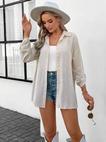 SHEIN LUNE 1 件女式杏色长袖工作衬衫，春季 - 杏色 - 查看 4