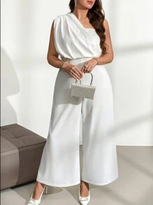 SHEIN Privé 大码优雅通勤职场知性高端会场精致下午茶略带性感约会音乐会女士极简优雅度假白色单肩褶皱腰阔腿连体裤 - 白色 - 查看 1