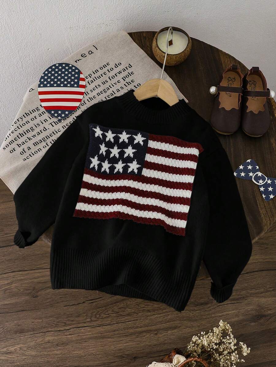 Oversized American Flag Pattern Drop Shoulder Sweater, Fashionable Casual Pullover For Tween Girls - Black - View 1