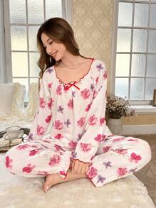 Floral Print Square Neck Bow Decor Women Pajama Set