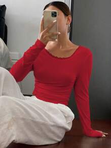 DAZY Women's Autumn Contrast Lace Backless Form-Fitting T-Shirt Top , Simple & Stylish,Halter Top Long Sleeve Women Tops,Fall Women Clothes - Red - View 5