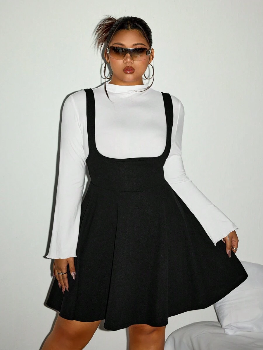 SHEIN ICON Plus Size Contrast Color 2 In 1 A-Line Mini Dress, Round Neck Autumn/Winter Dress - Black and White - View 1
