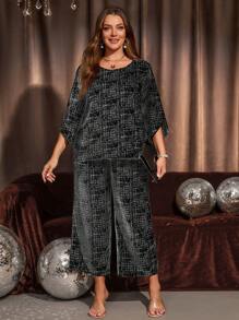 EMERY ROSE 2pcs Plus Size Allover Print Crew Neck Top And Pants Elegant Outfit,Fall Women Clothes,Christmas Party Dress Women