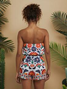 Travachic 1pc Women Vacation Floral Print Bandeau Jumpsuit