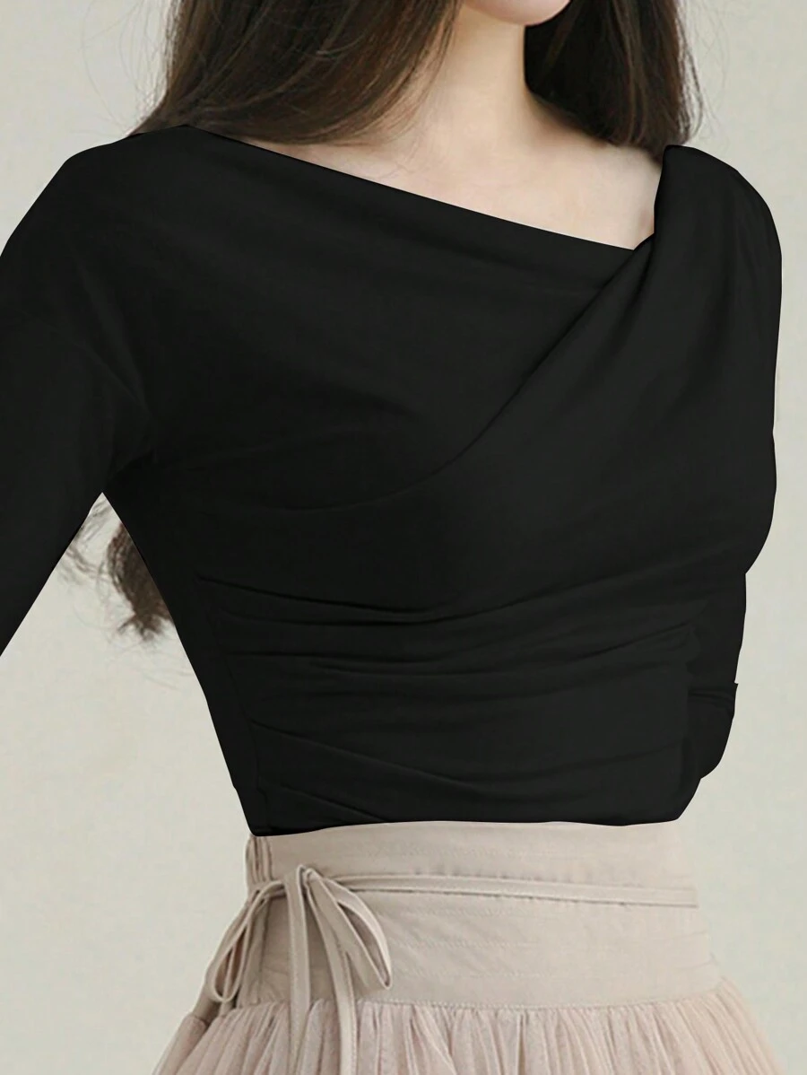 DAZY 1pc Women Plain Long Sleeve Simple Casual Top, Everyday Wear - Black - View 1