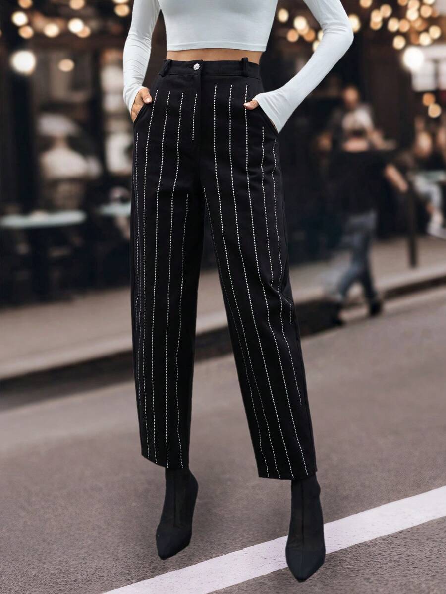 SHEIN Cottnline Fashionable Crystal Stripe Decor Skinny Fit Jeans - Black - View 1