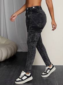 SHEIN SXY Pantalones vaqueros negros de tiro bajo y ajustados elásticos lavados, básicos para volver al colegio, versátiles para todas las estaciones - Negro - Ver 7