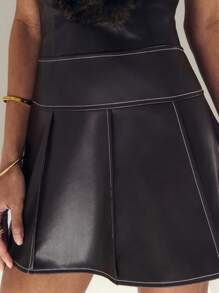 TypaGal Winter Faux Fur Collar Contrast Stitch PU Backless Pleated Dress Winter - Brown - View 5