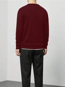 Manfinity Mode 男士休闲纯色圆领毛衣，秋冬季长袖上衣 - 酒紅色 - 查看 2