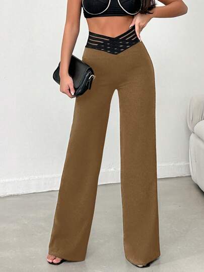 EURMUSE Țesătură lycra neagră împletită, pantaloni cu picioare largi, centură elastică cu dungi semitransparente și talie în formă de V