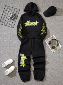 SHEIN 青少年男孩休闲酷炫舒适连帽运动衫和运动裤套装