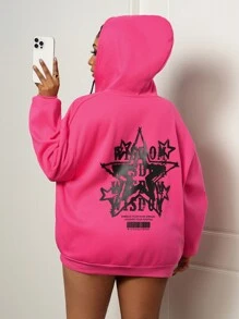 Slaydiva Streetwear & Casual & Relaxed Loose Fit Rose Red Pocket-Detailed Drop Shoulder Zipup Sweatshirt, Plus Size Women Regular Sweatshirt, Autumn/Winter - Hot Pink - View 1