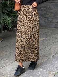 DAZY 女士秋季新款复古豹纹开衩裙摆猎豹印花 - 棕色 - 查看 3