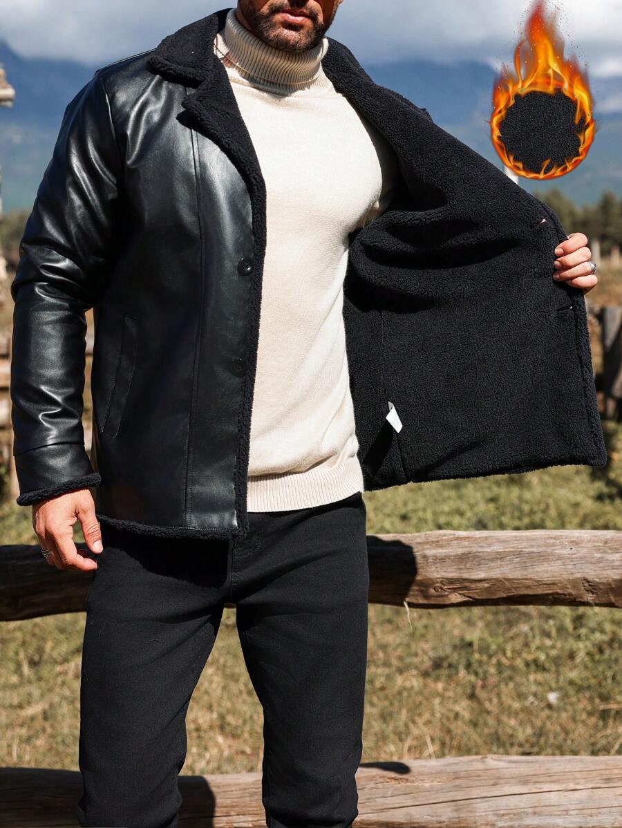 Manfinity Homme 男士前扣长袖休闲冬季夹克，简约日常穿着，外出黑色保暖长袖夹克，适合朋友、丈夫、男朋友的礼物 - 黑色 - 查看 1