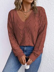 SHEIN CURVE+ Plus Size Solid Color V-Neck Hollow Out Casual Versatile Long Sleeve Pullover Sweater, For Winter - Rose Red - View 1