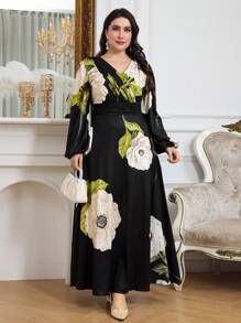 Modelyn Plus Size Women Floral Print V-Neck Lantern Sleeve Long Elegant Dress Long Evening Dresses