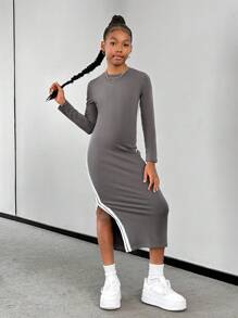 SHEIN Đầm suông cổ tròn tay dài xẻ tà phong cách cổ điển dành cho nữ sinh trung học - Xám - Xem 5