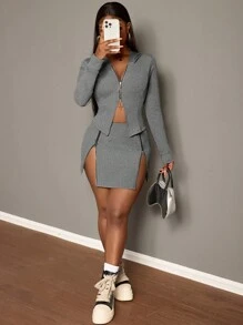 Slaydiva 女式纯色长袖前拉链连帽上衣和紧身裙休闲套装，秋季 - 灰色 - 查看 7