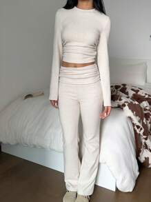 SHEIN EZwear 2 件套女士羊毛混纺紧身长袖上衣和喇叭裤，舒适冬季服装 - 杏色 - 查看 3