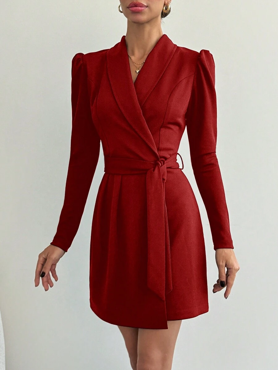 SHEIN Tall Robe élégante unie avec ceinture et encolure cache-cœur, taille grande pour femme - Rouge - Voir 1