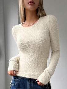 DAZY Women's Plain Long Sleeve Fitted Fleece T-Shirt, Autumn/Winter