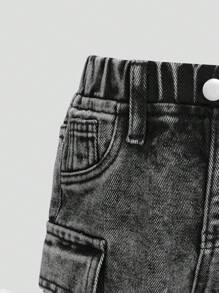 SHEIN Explorewe Baby Girl Unisex Streetwear Distressed Washed Multi Pocket Elastic Waist Wide Leg Jeans, Versatile Fashion Item Suitable For All Seasons - Light Grey - View 6