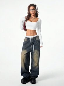 SHEIN Coolane 女式秋季 Y2K 弹力修身长袖圆领短款春季上衣，适合返校季穿着 - 白色 - 查看 6