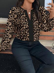 SHEIN Clasi 大码女式豹纹 V 领时尚衬衫，秋季