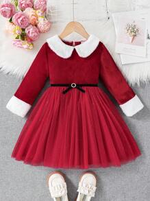 SHEIN Glamorique Kids Vestido rojo navideño para niña con cuello de felpa en contraste, malla en contraste, decoración de lazo, para invierno