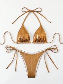 2pcs/Set Women Summer Metallic Triangle Bikini Top And Side Tie Bottoms Swimwear Set For Beach - Rust Brown - View 1