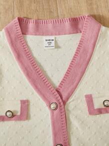 SHEIN Young Girl Autumn/Winter Colorblock Single-Breasted Cardigan & Knit Pants Sweater Set - Apricot - View 6