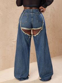 Slaydiva Women Fashion Patchwork Fringe Cutout Wide Leg Loose Casual Jeans Pants - Blue - View 3