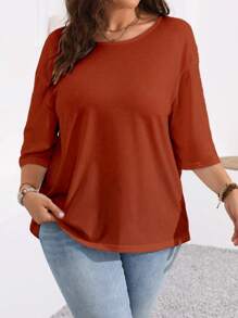 SHEIN LUNE Plus Size Crew Neck Short Sleeve Solid Color Simple Loose Casual Comfy T-Shirt Fall - Coral Orange - View 3