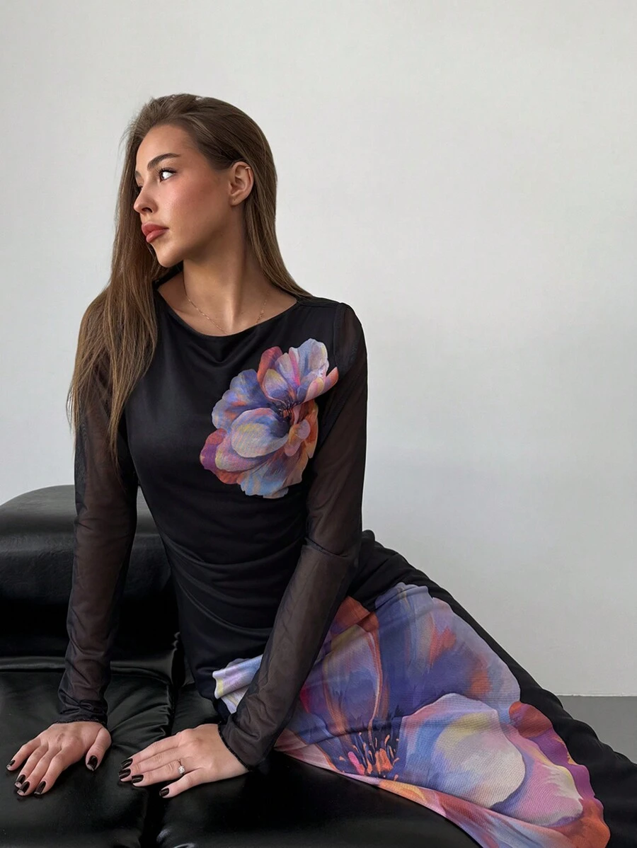 Aloruh 女士长款圆领网眼印花鱼尾修身圣诞节和万圣节派对连衣裙