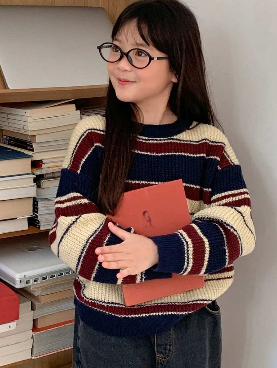 DAZY 青少年女孩休闲日常拼色圆领插肩毛衣,适合秋冬季,返校服装 - 彩色 - 查看 1